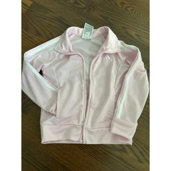 Adidas Tracksuit Set Size 4 Pink White Stripe Zip Up Jacket Pants Kids - Picture 2 of 12